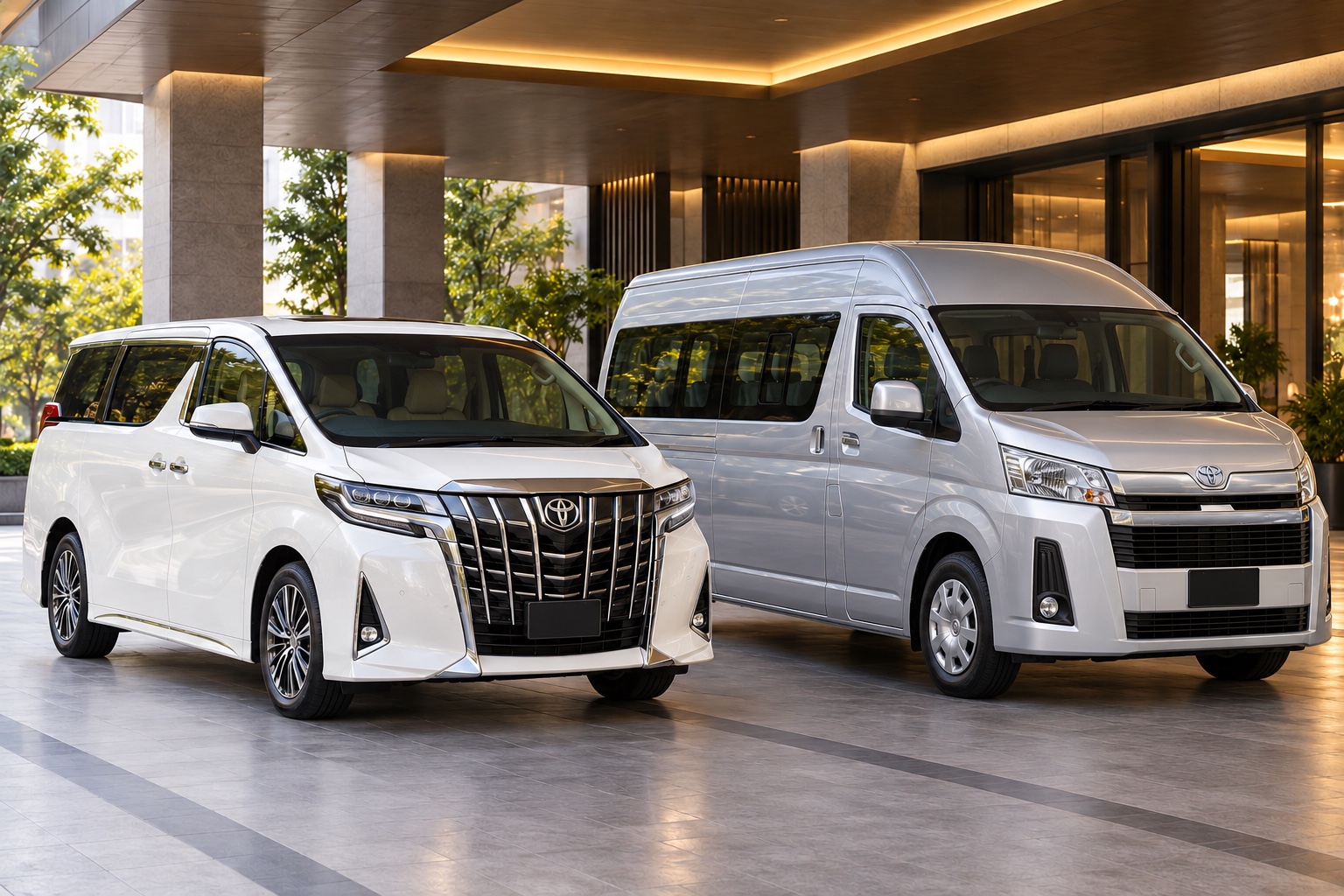 白いToyota AlphardとシルバーのToyota Commuterのイメージ
